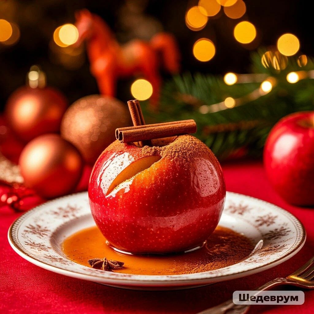 Яблоки с корицей в карамели для новогоднего стола, изображение сгенерировано ИИ