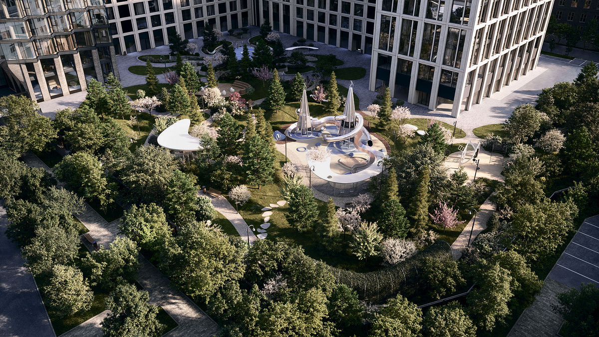    Во дворе комплекса «Монблан» спланирована многофункциональная среда для резидентов: амфитеатр, отдельные игровые площадки для малышей и школьников, павильон для работы и отдыха, спортивная воркаут-зона, арт-объекты, символизирующие силы природыАрхивы пресс-службы