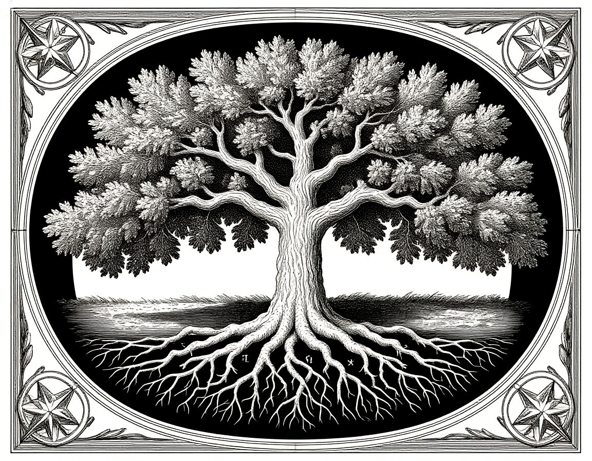 Prompt: B&W vintage engraving. Oak with ancestral roots. Border: delicate thin linework frame with interwoven wheat stalks, tiny Soviet stars, and hidden Cyrillic ciphers. Intricate etching, 19th-century book style, light and elegant border --ar 3:4 --no color