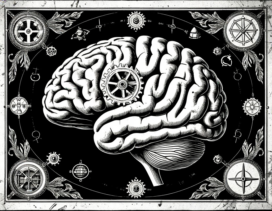 B&W detailed woodcut. Brain clockwork mechanism. Border: fine technical drawing frame with small gears, chemical symbols, and miniature Soviet industrial icons. Precise linework, alchemical scrolls, light scratchboard --ar 3:4 --no color