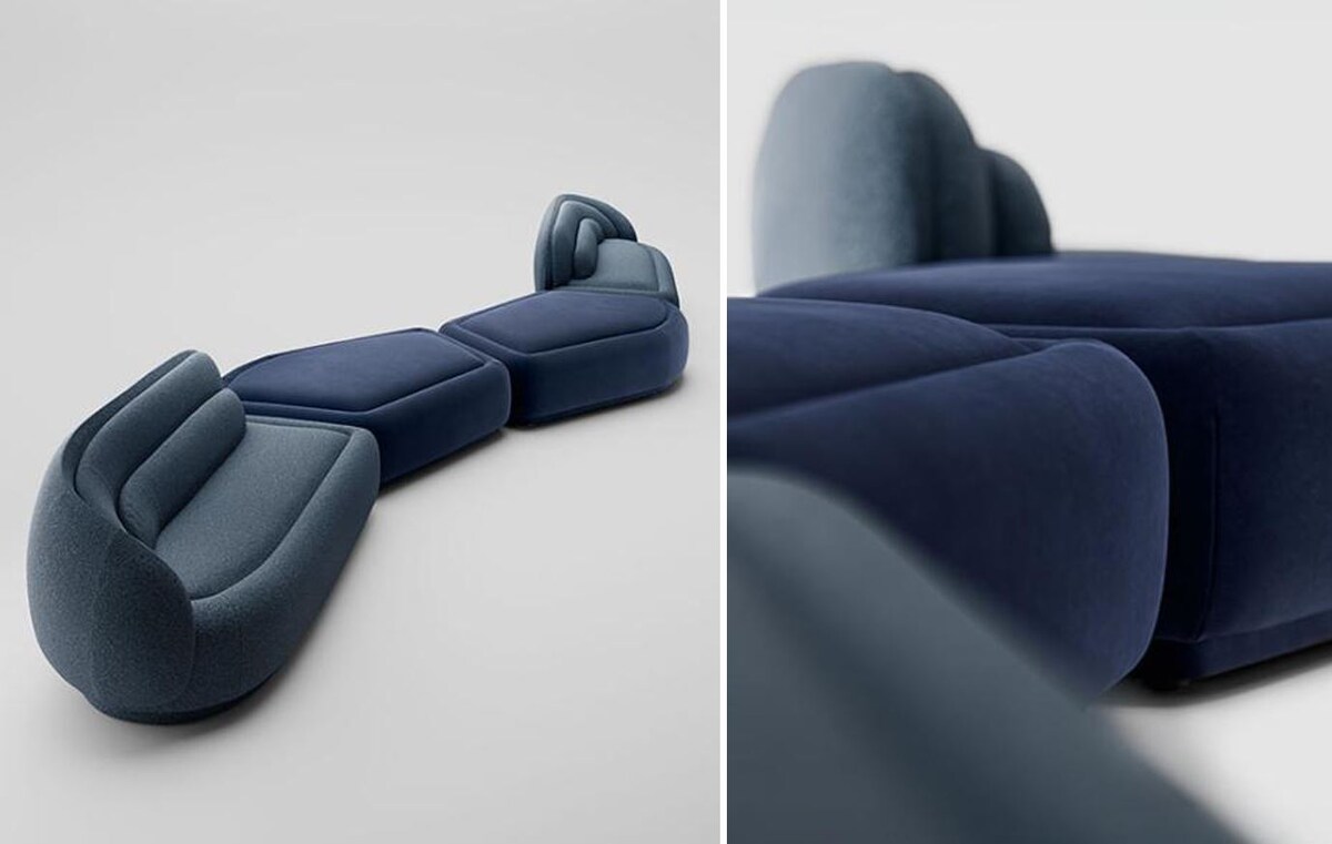 Мягкий диван Pianca Peonia состоит из нескольких уровней, которые постепенно увеличиваются в размерах, напоминая лепестки цветка. Геометрия модулей позволяет создавать бесконечные комбинации.