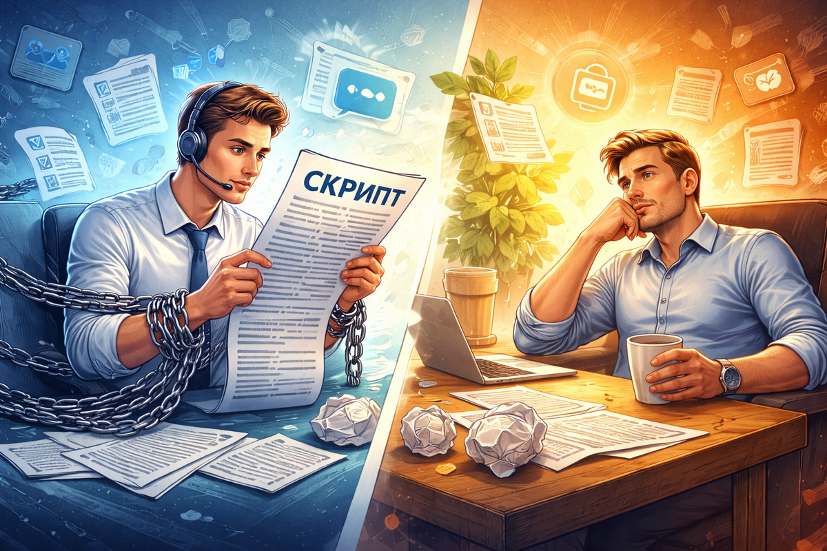 Скрипты продаж — это костыль, а не фундамент системы продаж. Они могут помочь: новичкам,
на старте, в простых сценариях. Но в реальной продаже: выигрывает не тот, кто говорит «правильно», а тот, кто понимает, с кем и о чём он говорит.