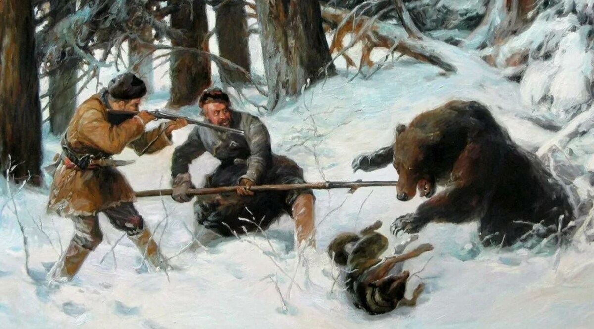 Зимняя охота на медведя с рогатиной. Художник Евгений Тихменеев.
