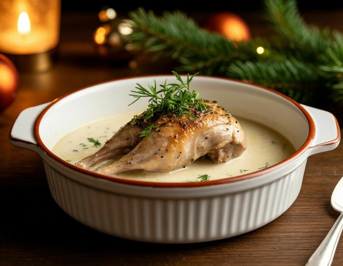 Кето-кролик в сливочном соусе — нежное и праздничное горячее для новогоднего стола.