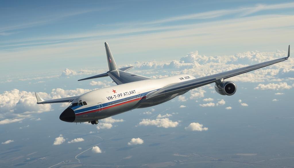    Изображение советского транспортного самолета ВМ-Т «Атлант», летящего над космодромом Байконур, с ярким небом и облаками.