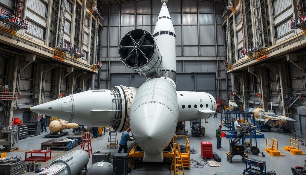    Изображение сборки компонентов ракеты и космического корабля, расположенных в ангаре с техническими работниками