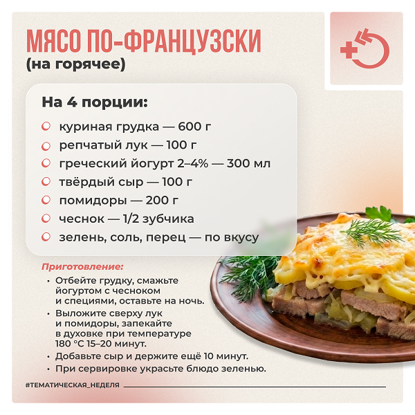 Горячее: мясо по‑французски с куриной грудкой, овощами и нежирным йогуртом