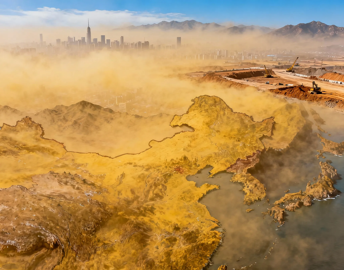 Мощный шлейф пыли, протянувшегося от пустынь Внутренней Азии через Жёлтое море к Корейскому полуострову. Чёткая граница и масштаб — лучшее доказательство работы «конвейера», описанного в статье.