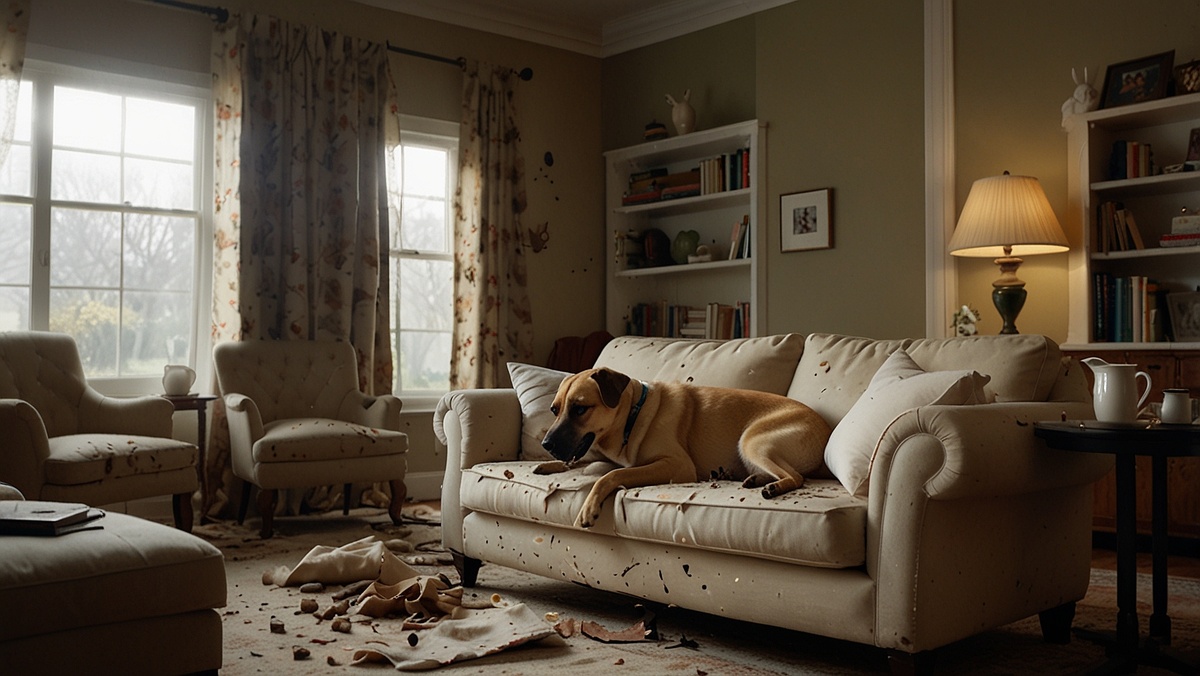 Собака грызёт диван