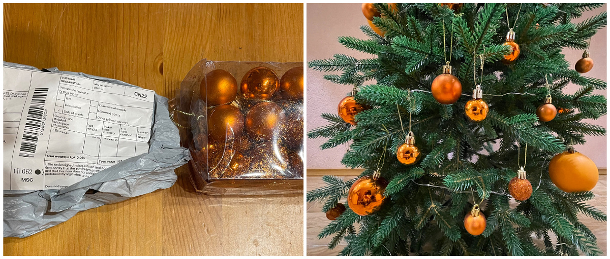 Упаковка и мелкие шарики на ёлке