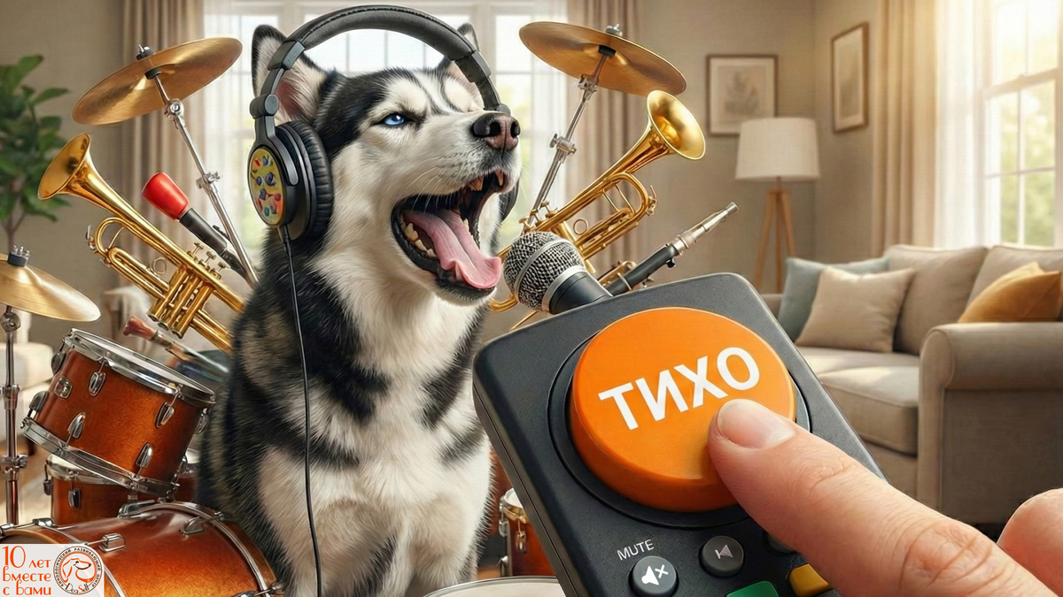 Когда хаски решает устроить домашний концерт, пульт «ТИХО» становится самым желанным гаджетом в доме. Но вместо кнопки нам нужны методы, которые действительно работают. | Иллюстрация: DogSelf