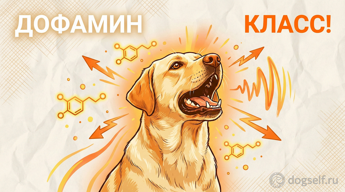 Когда собака лает, её мозг наслаждается выбросом дофамина – это настоящий «кайф» для её нервной системы. И вот парадокс: то, что доставляет удовольствие, одновременно истощает организм. Это не проблема послушания, а проблема контроля. | Иллюстрация: DogSelf