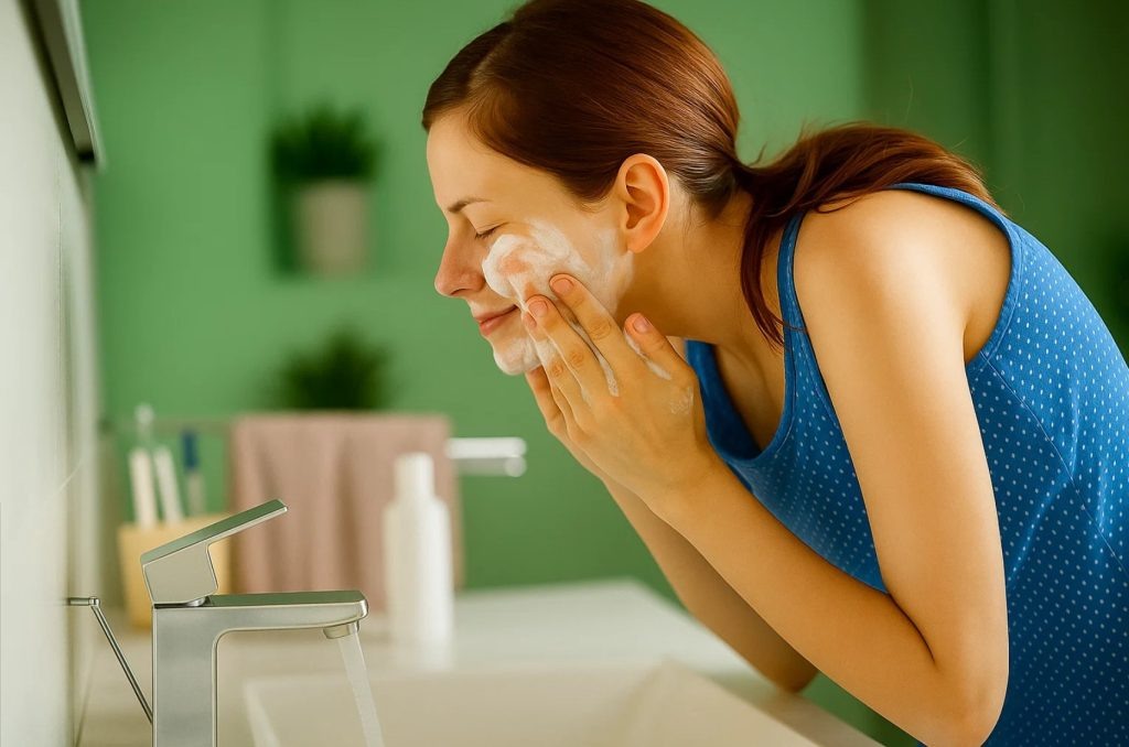 Умывайтесь два раза в день (утром и вечером), чтобы не накапливать на коже жир и загрязнения. В этом случае горячая вода тоже не нужна, поскольку может усилить выработку себума, – лучше умывайтесь теплой или прохладной. Затем продолжайте поэтапный уход – используйте тоник и легкий увлажняющий крем, чтобы поддерживать здоровый баланс кожи.