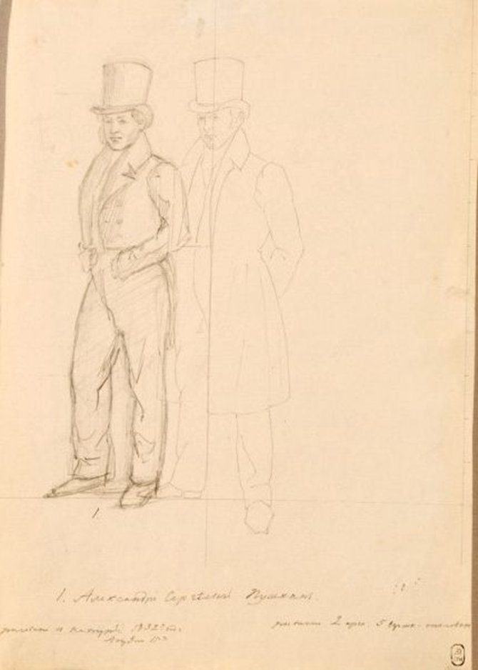 А. С. Пушкин и В. А. Жуковский Подготовительный рисунок к картине «Парад на Марсовом поле».1832 г. Г. Г. Чернецов.