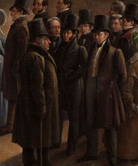 Пушкин на картине «Парад по случаю окончания военных действий в Царстве Польском 6-го октября 1831 года на Царицыном лугу в Петербурге». 1837 г. Г. Г. Чернецов.