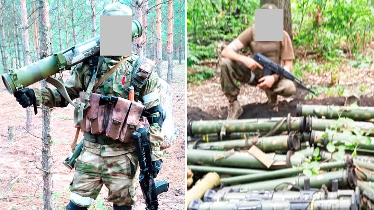 На фотографии: наши солдаты с нашим реактивным пехотным огнемёметом РПО-А «Шмель» и трофейными.