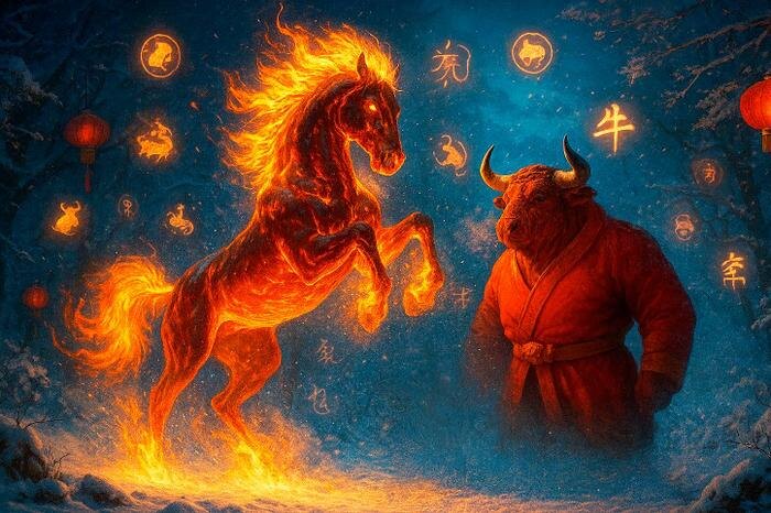 Китайский гороскоп на 2026 год: Огненная Лошадь для Быка по восточному гороскопу. Обложка © ChatGPT