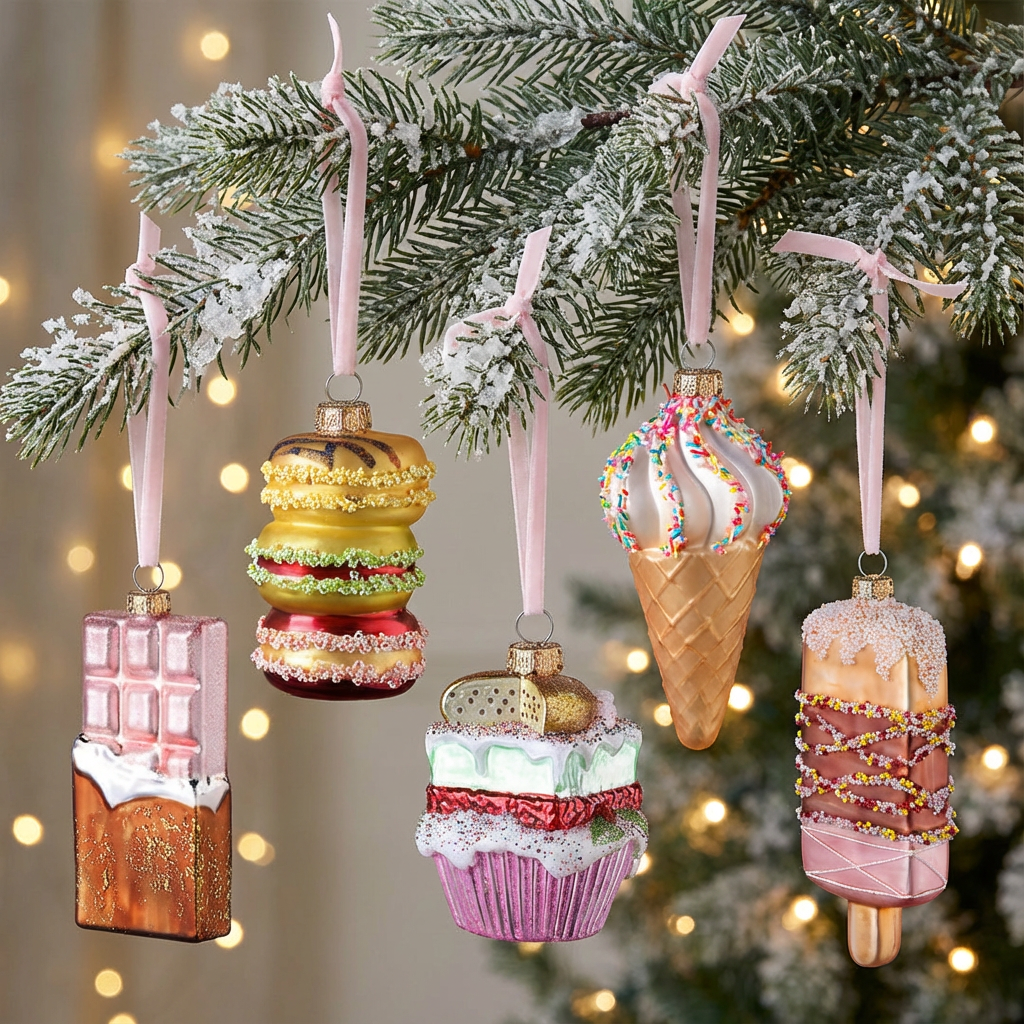 Фото набора стеклянных елочных игрушек в виде сладостей - мороженое, плитка шоколада и десерты на новогодней елке, крупный план, отражение огоньков гирлянды.