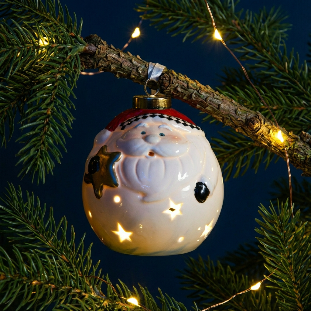 Фото елочного шара с подсветкой с изображением Деда Мороза - керамический новогодний шар-ночник на елке, теплый LED свет, уютный новогодний интерьер в полумраке.
