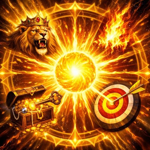 Диаграмма энергии Манипуры: лев - внутренняя сила; огонь - здоровье; сундук - изобилие; стрела - воля.