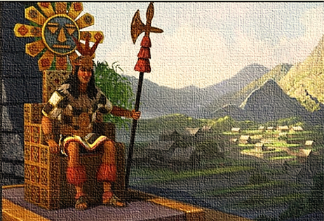 Верховный Инк, художественное изображение. Однако огромных гор на заднем фоне рисунка во времена правления Инков в реальности ещё не было. Страна Инков в пору её расцвета была ещё не высоко в горах Анд, как представляется по нынешнему виду территорий Перу и Боливии, а в райских тропических долинах верхней Земли.