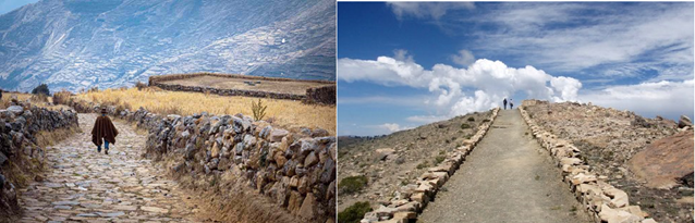 Слева – сохранившаяся каменная дорога инков в виде явного желоба из-за ограничивающих её боковых и также каменных стен. На прямых участках дорог (справа) боковое ограничение также было строго обозначено, но уже невысокой кладкой, вовсе не препятствовашей засыпанию дорог (если бы дорожные боковины были для этого).