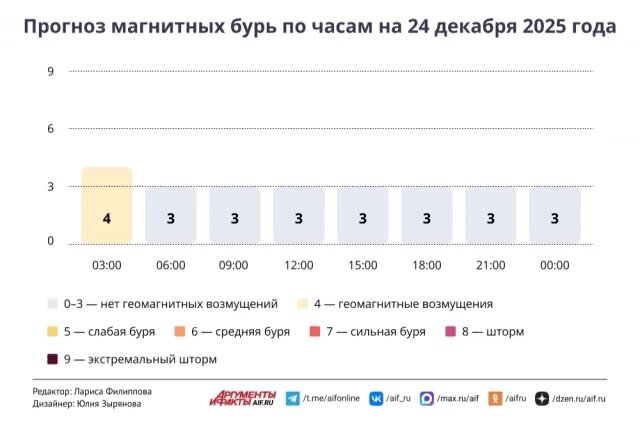    Прогноз магнитных бурь по часам на 24 декабря 2025 года. Инфографика