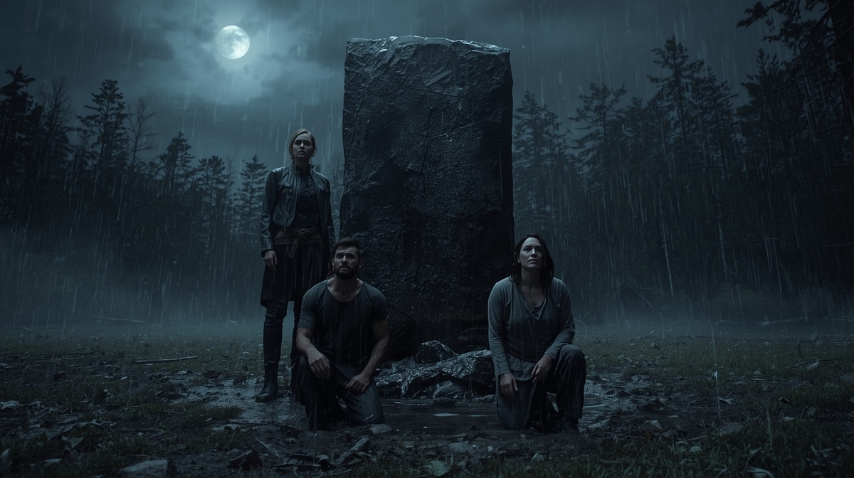 Показывает сам момент унижения перед камнем. Контраст между мрачным лесом и людьми в лохмотьях. Это вызывает вопрос: "Что здесь происходит?"