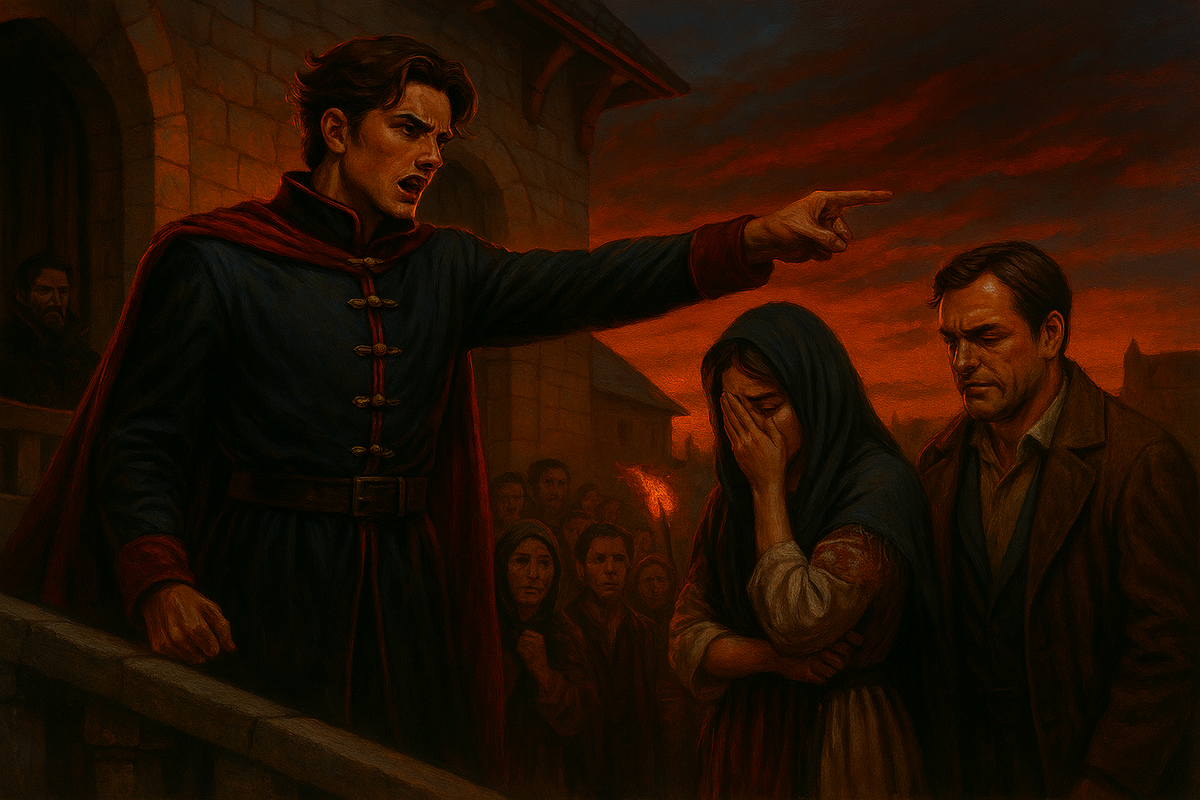 "Момент истины: Приказ Родрига казнить старосту", иллюстрация создана сетью Копилот