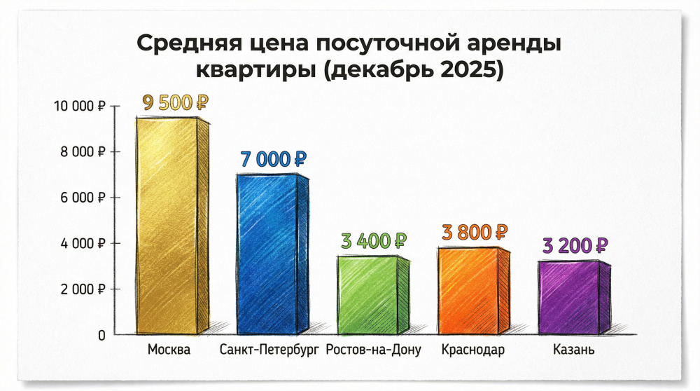    Посуточная аренда в столицах почти в три раза дороже, чем в региональных центрах: в Москве 9 500 ₽ против 3 400 ₽ в Ростове-на-Дону