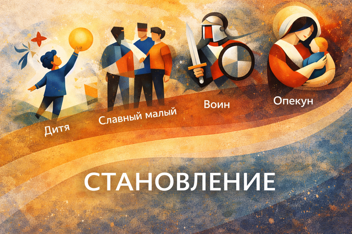 Здесь учатся быть и выживать. Говорят голоса: уязвимого Дитяти, простого Славного малого, защищающего Воина, заботливого Опекуна. Это фундамент, наша первая кожа.