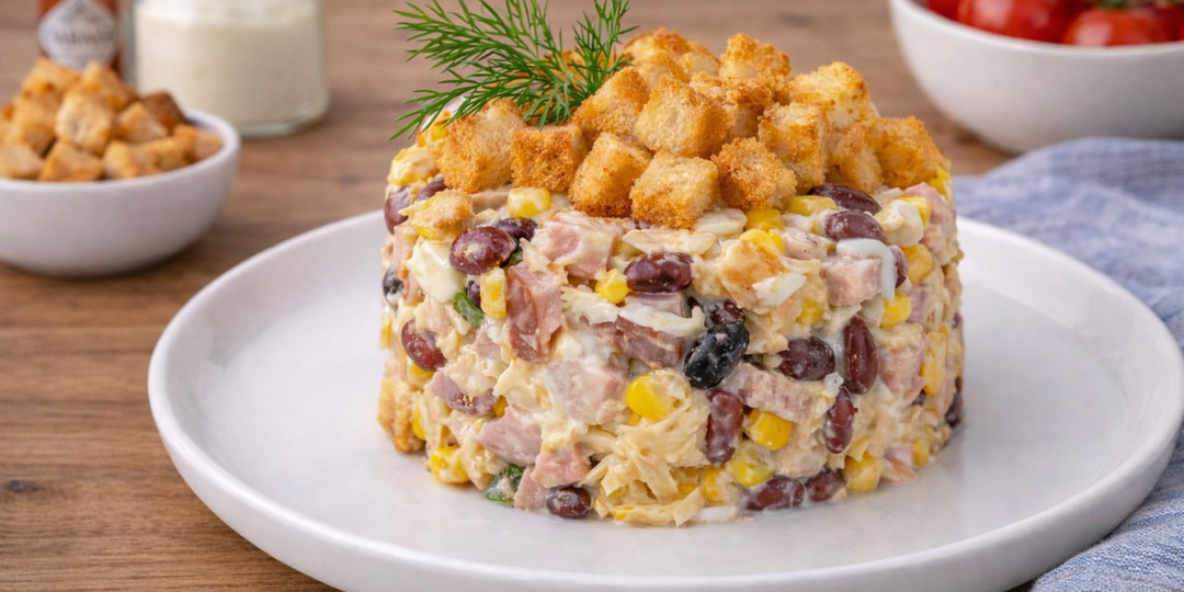 Простой салат с чесночным ароматом и хрустом, который всегда удается и красиво смотрится на праздничном столе