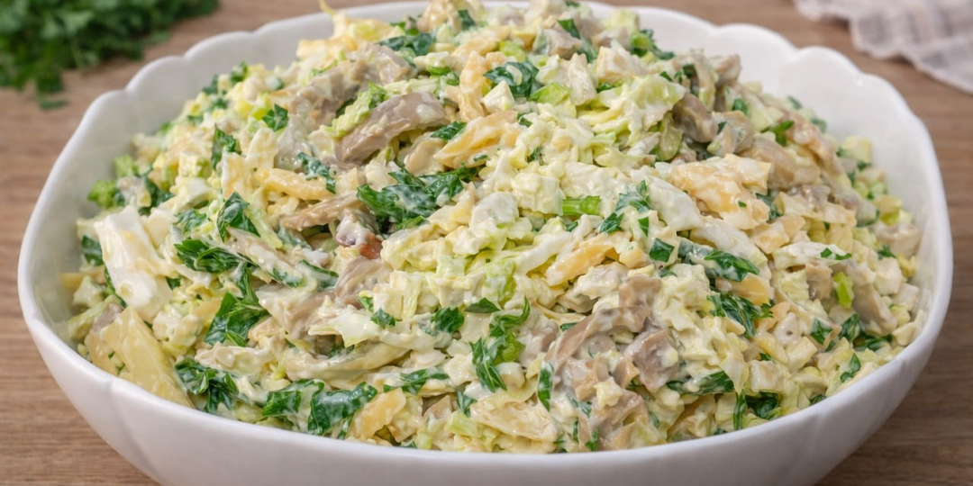 Салат с грибами, сыром и пекинской капустой — тот самый вариант, когда хочется легко, но сытно