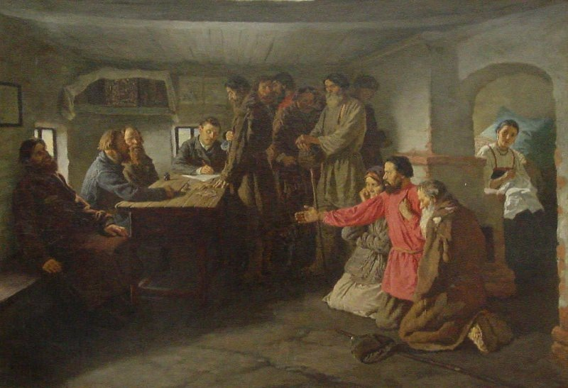 К.А. Трутовский. Сбор недоимок на селе. 1886. Государственный музей изобразительных искусств Республики Татарстан.
