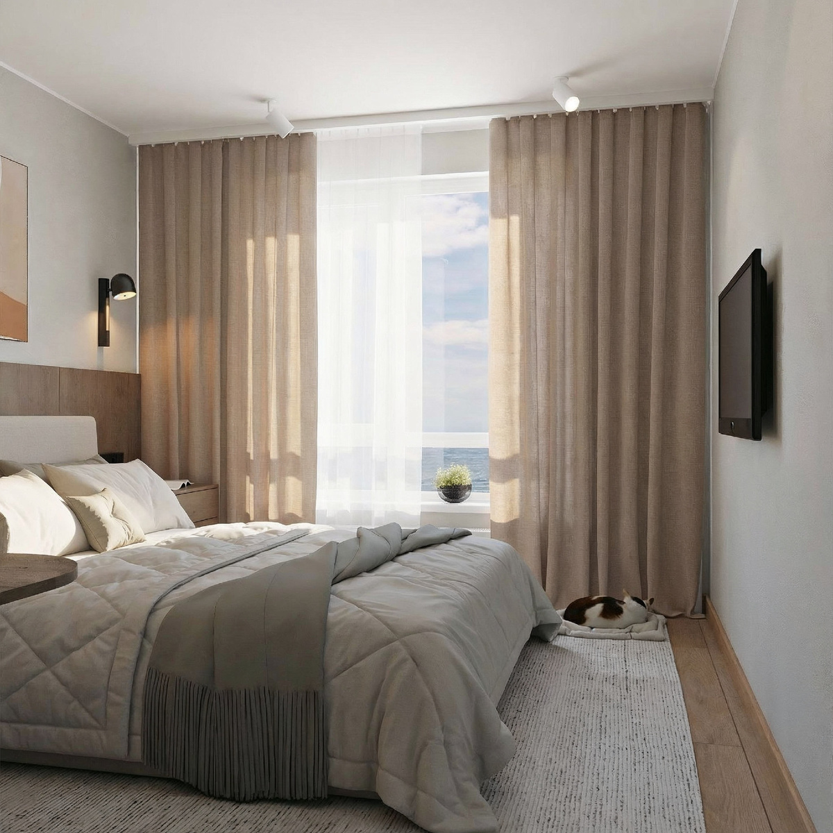 Вид от входа на спальню. Визуализация в Планоплан, постобработка в Нано-банана.