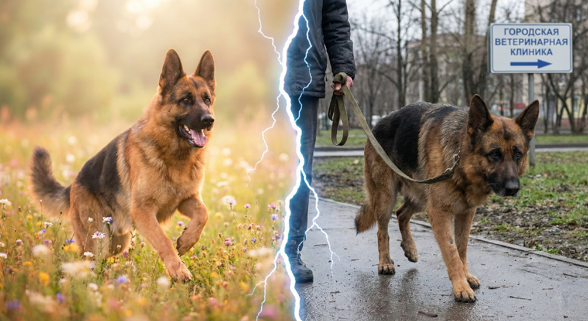 Коллаж “до и после”: активная немецкая овчарка на природе слева и собака на поводке у городской ветеринарной клиники справа, визуально подчеркивающий разницу в самочувствии и важность своевременной помощи.
