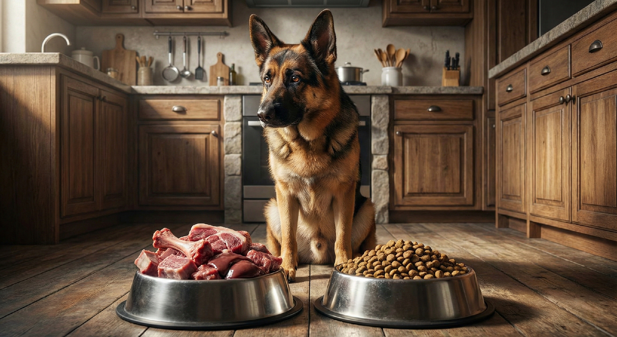 Немецкая овчарка выбирает между натуральным кормлением (сырое мясо) и сухим кормом на кухне. Вопрос правильного рациона, здоровое питание для собак, сравнение натурального и промышленного корма, советы для владельцев овчарок. 