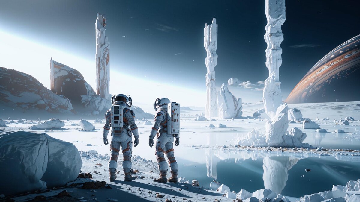 Мы молча смотрели на пейзажи, которые открывались с высоты в двести метров. Льды и разломы. Неописуемая красота – волшебная игра граней в мягком свете Юпитера.