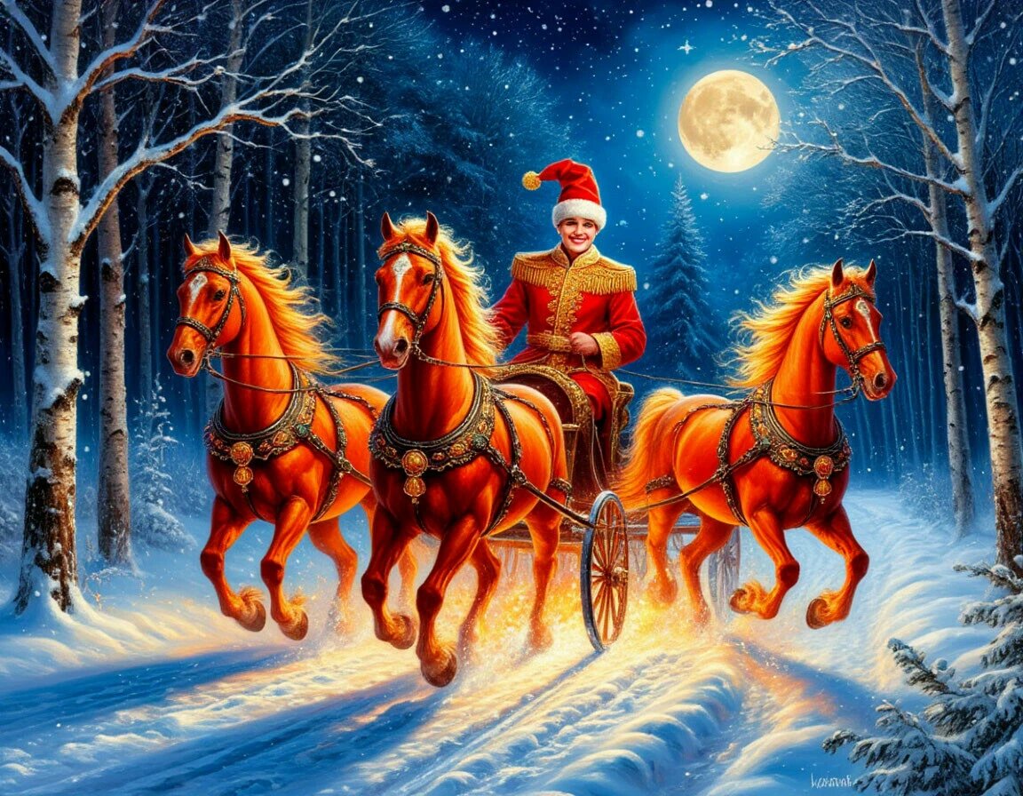 "Новый Год, он уже на пороге, а ворвётся на тройке судьбы,..." (Сгенерировано в Шедевруме).