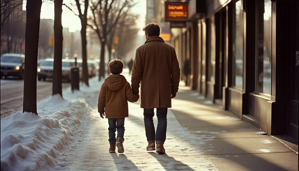 Теплая зима и прогулка отца с сыном