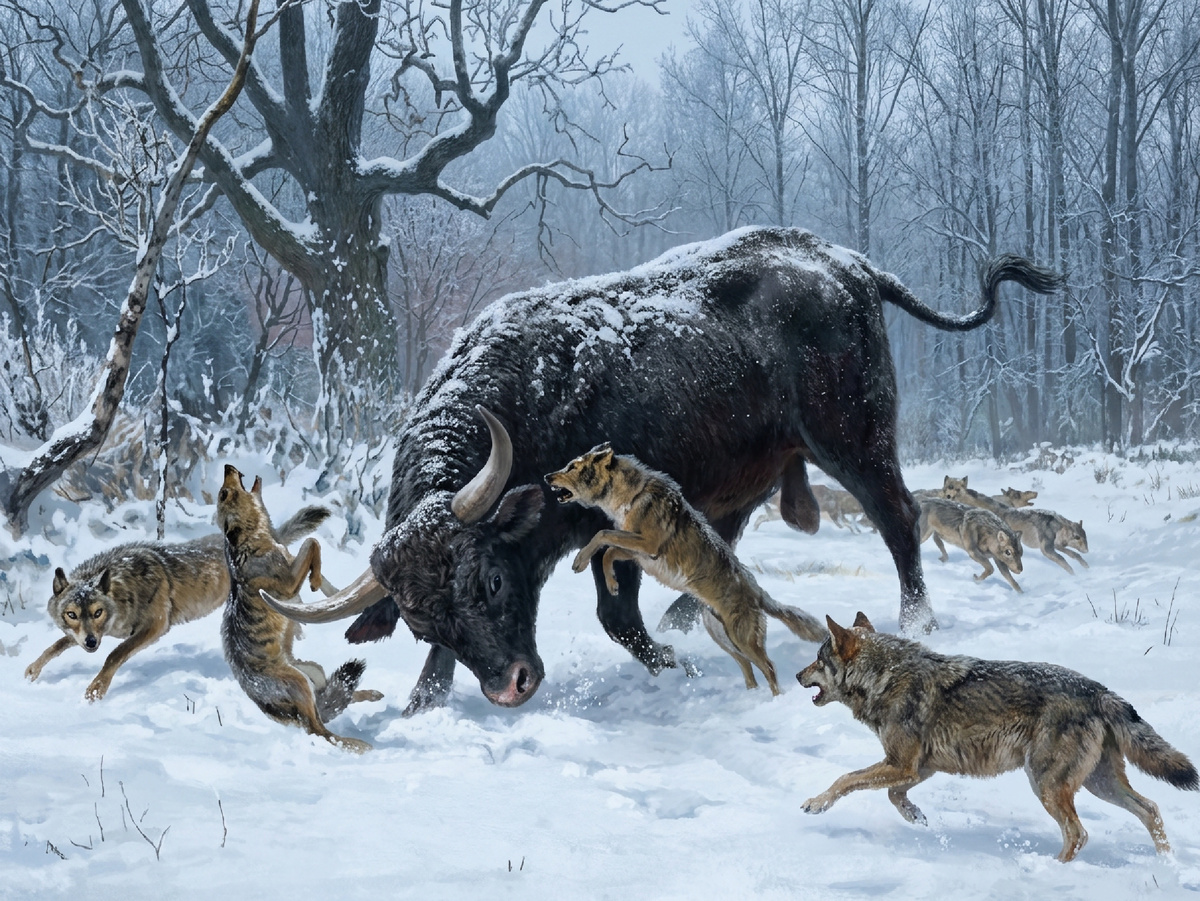 Появившись около 2 млн лет назад в Индии, вид Bos primigenius просуществовал почти до наших дней! Индийский подвид исчез давно, а европейский дотянул до XVII века. Хотя туров активно преследовали, их исчезновение нельзя объяснить лишь человеческим фактором. Фрагмент на основе картины Генриха Хардера 1920 года.