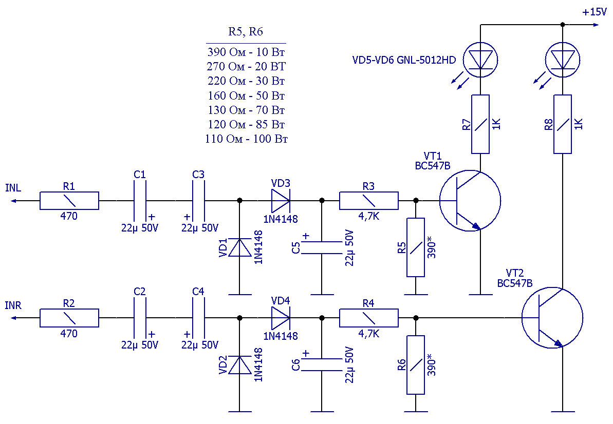 Схема электрическая принципиальная LED-индикатора предельной мощности для АС