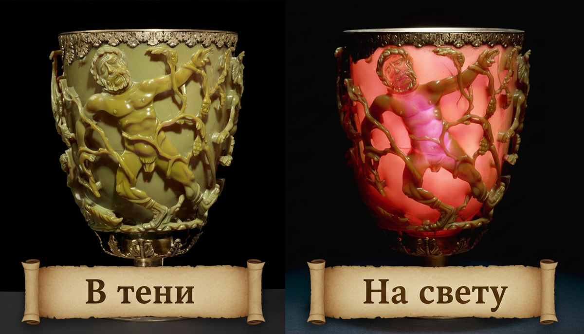 Кубок Ликурга - удивительный римский артефакт 4 века нашей эры. Меняет цвет в зависимости от попадания на него света.
