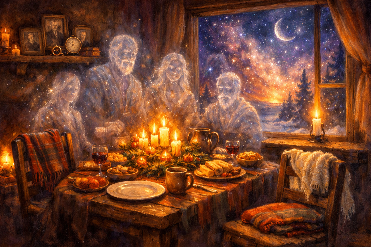Пятая ночь Йоля — Ночь Предков: за рождественским сочельником за один стол сходятся живые и ушедшие, горит свеча, на столе стоят угощения для духов рода — сильный эзотерический обряд памяти и поддержки предков в цикле 12 священных ночей Йоля.