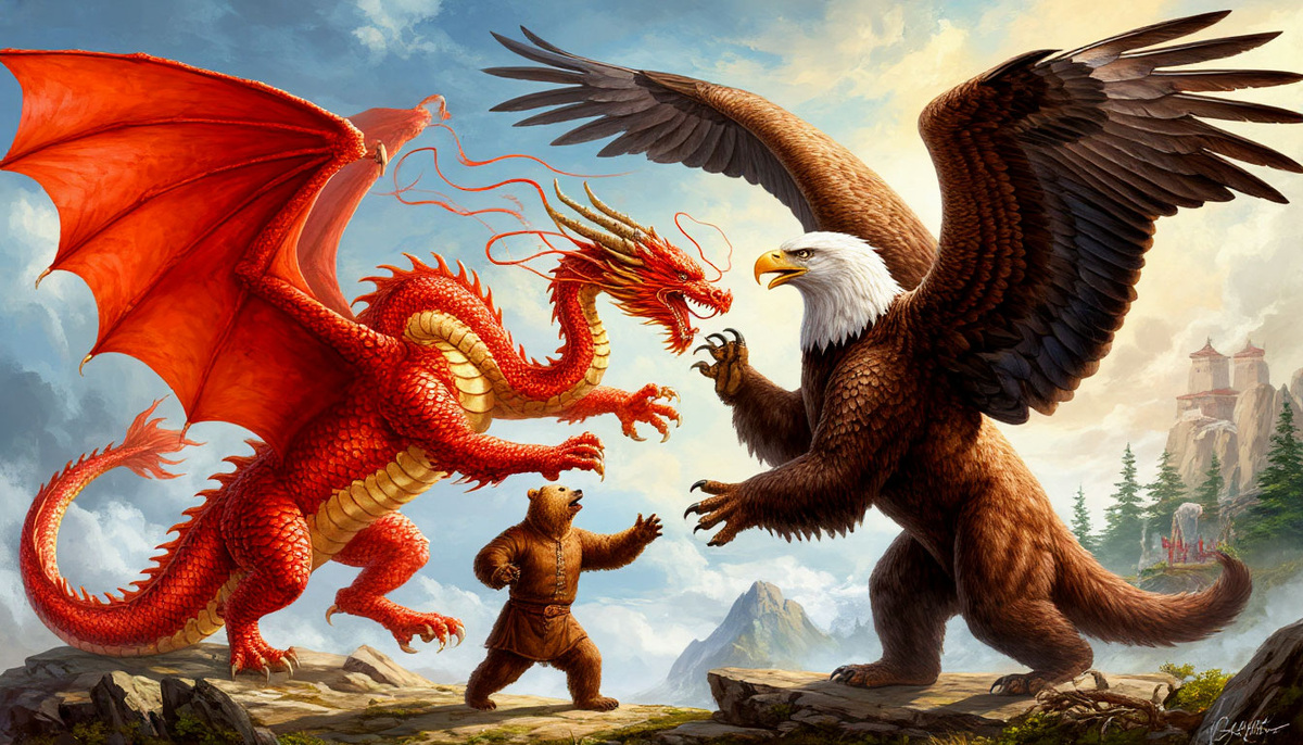 Русский медведь в недоумении: с каких пор китайский дракон Оевропеился, а американский орёл Огрифонился? Так ведь можно и Обделаться!