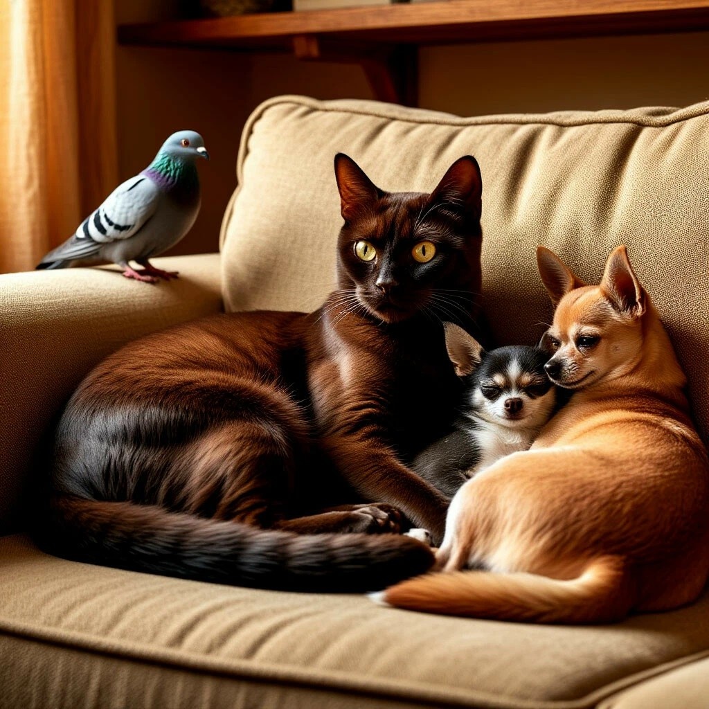 Тихая вселенная нашего дома. Бурманский кот Нафаня — тёмно-шоколадная гора спокойствия. Рядом — верные чихуахуа Дуся и Тихон. А над всем этим парит мудрый взгляд однокрылого голубя Моисея. Прочтите «Дневник Моисея» и узнайте, где рождается настоящая, тихая власть. ✨