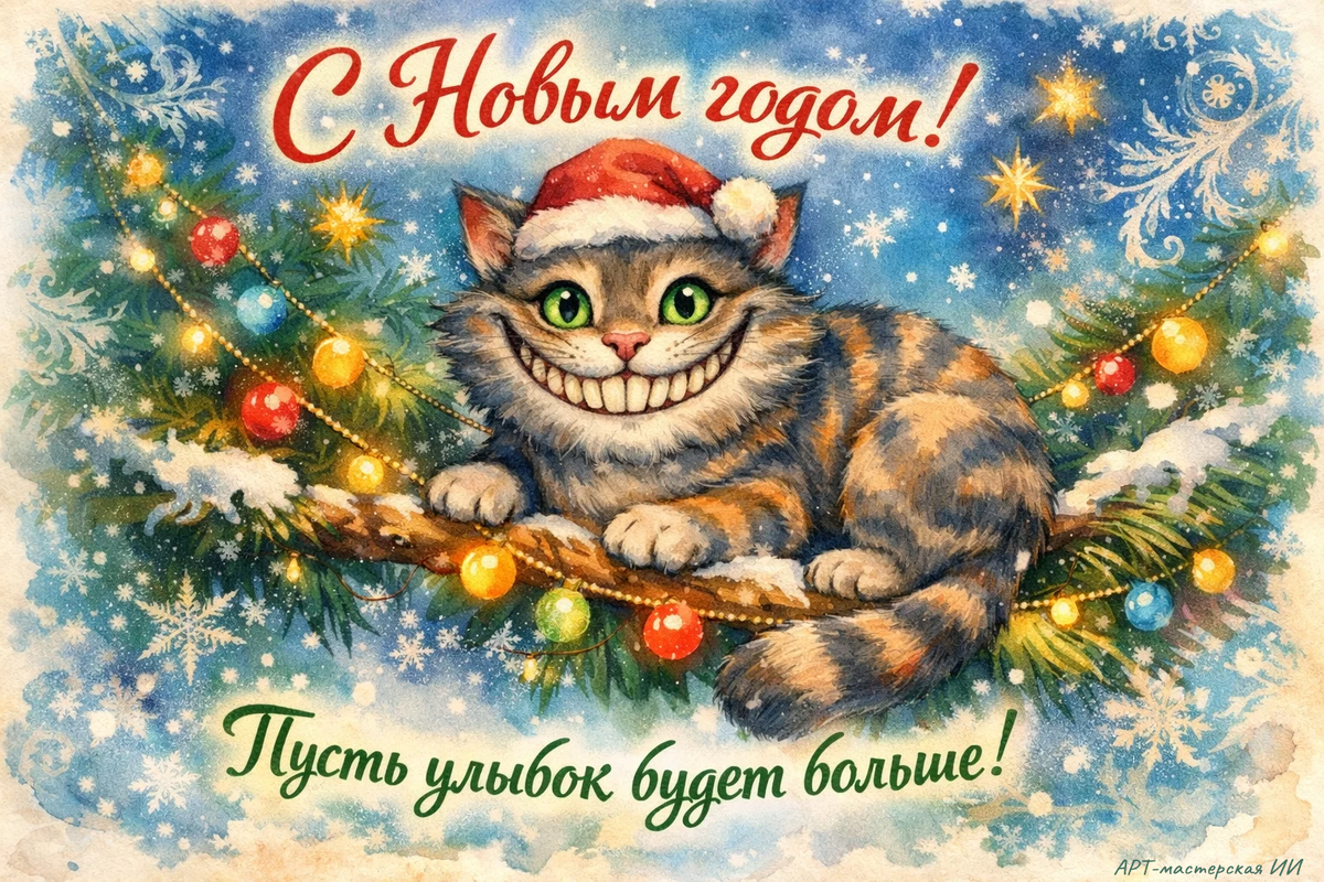 Открытка из серии «С Новым годом» в стиле «Алисы в стране чудес» от АРТ-мастерской ИИ