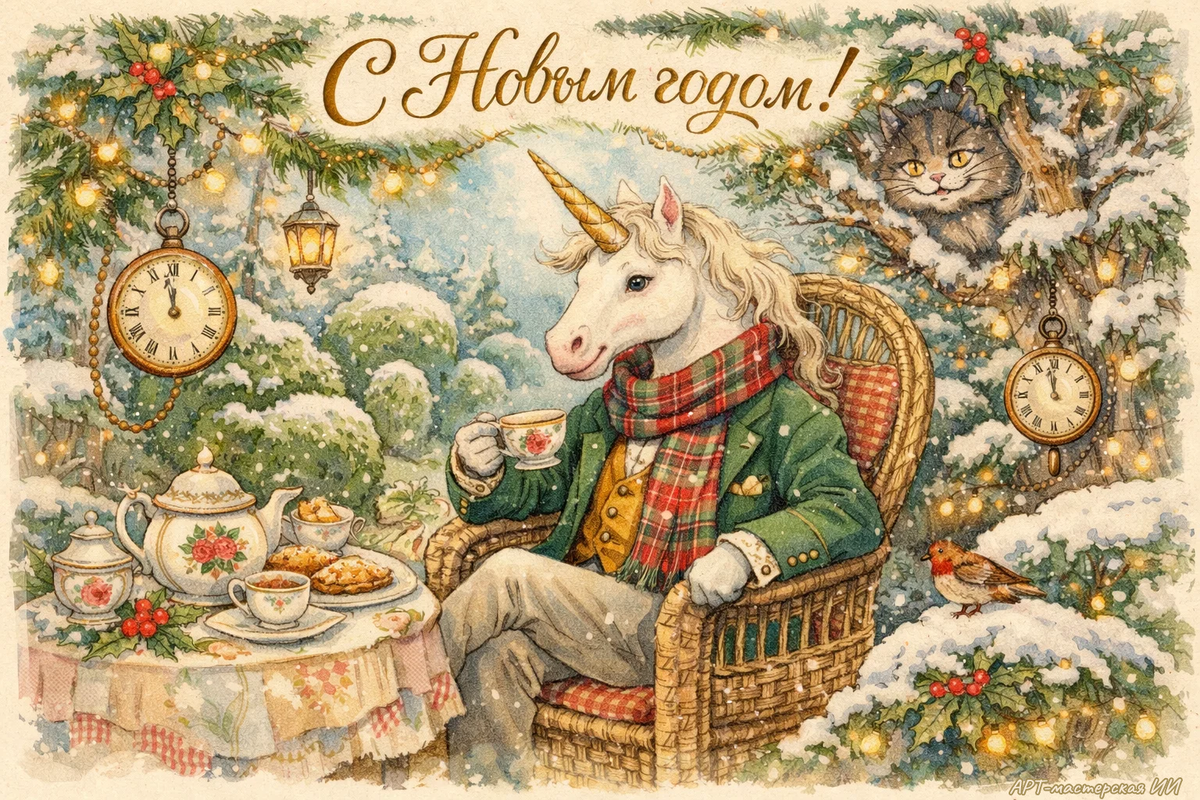 Открытка из серии «С Новым годом» в стиле «Алисы в стране чудес» от АРТ-мастерской ИИ