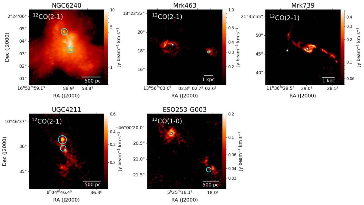 Распределение молекулярного газа в сливающисях галактиках с активными ядрами. Кругами отмечены сферы влияния их сверхмассивных черных дыр / © Makoto A. Johnstone et al, The Astronomical Journal (2025)