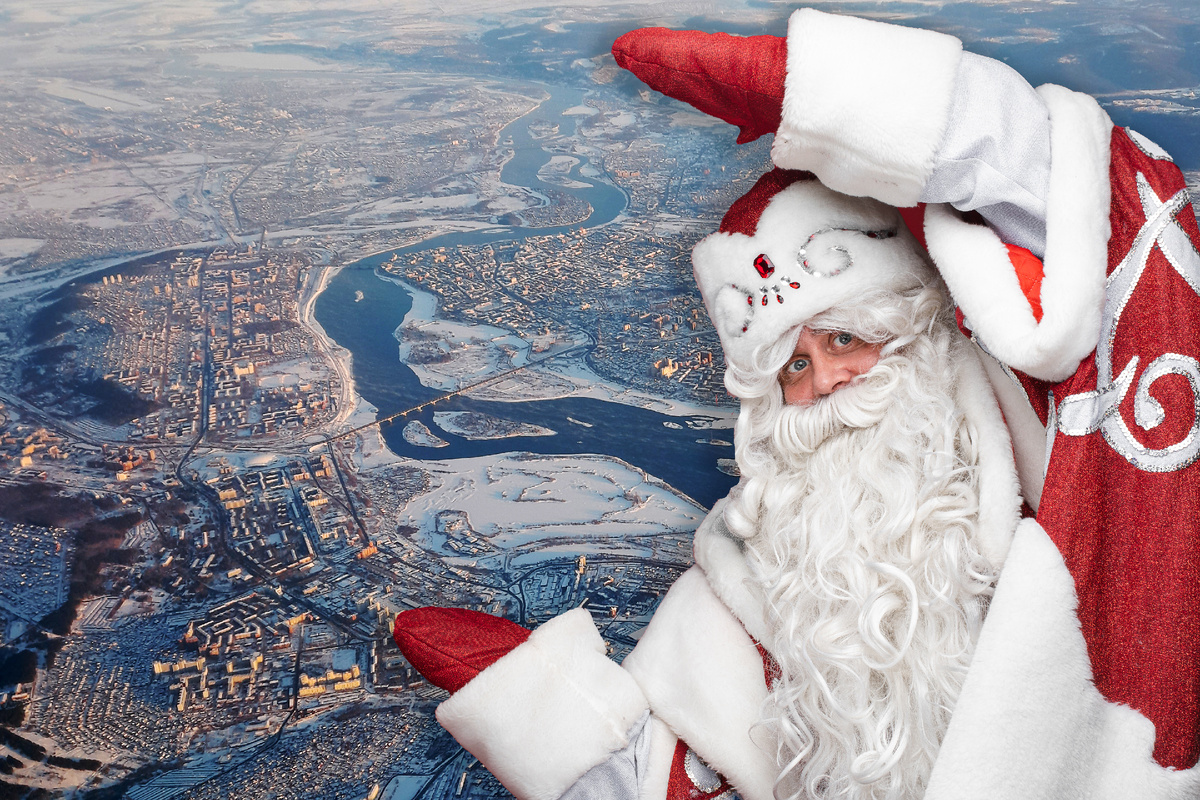 Вид из самолёта на зимний Иркутск (фото автора), Дед Мороз (фото ru.freepik.com).